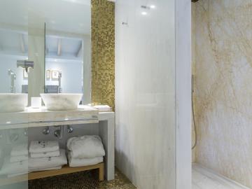 Marble bathroom details, one bedroom apartment, casa delfino hotel chania, boutique hotel chania, best small hotel chania crete